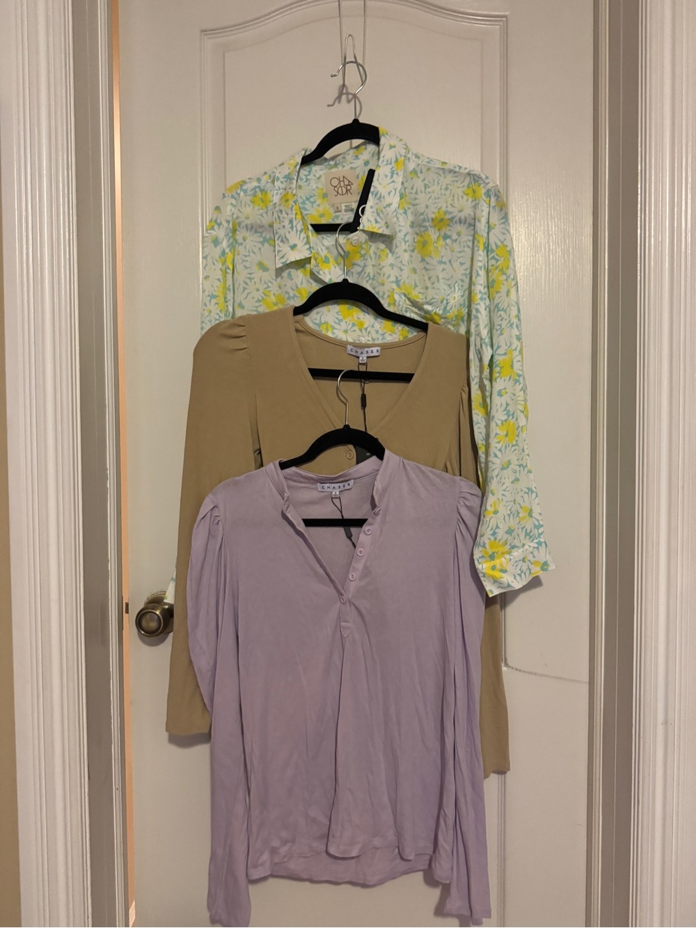 Three Women's Chase Tops Pack - Floral Button Shirt, Tan V-Neck, Lavender Henley